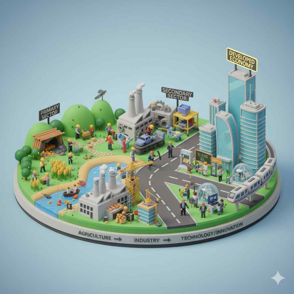 अर्थव्यवस्थेच्या विकासाचे टप्पे - कृषी क्षेत्रापासून उद्योगापर्यंत आणि उद्योग क्षेत्रापासून सेवा क्षेत्रापर्यंत