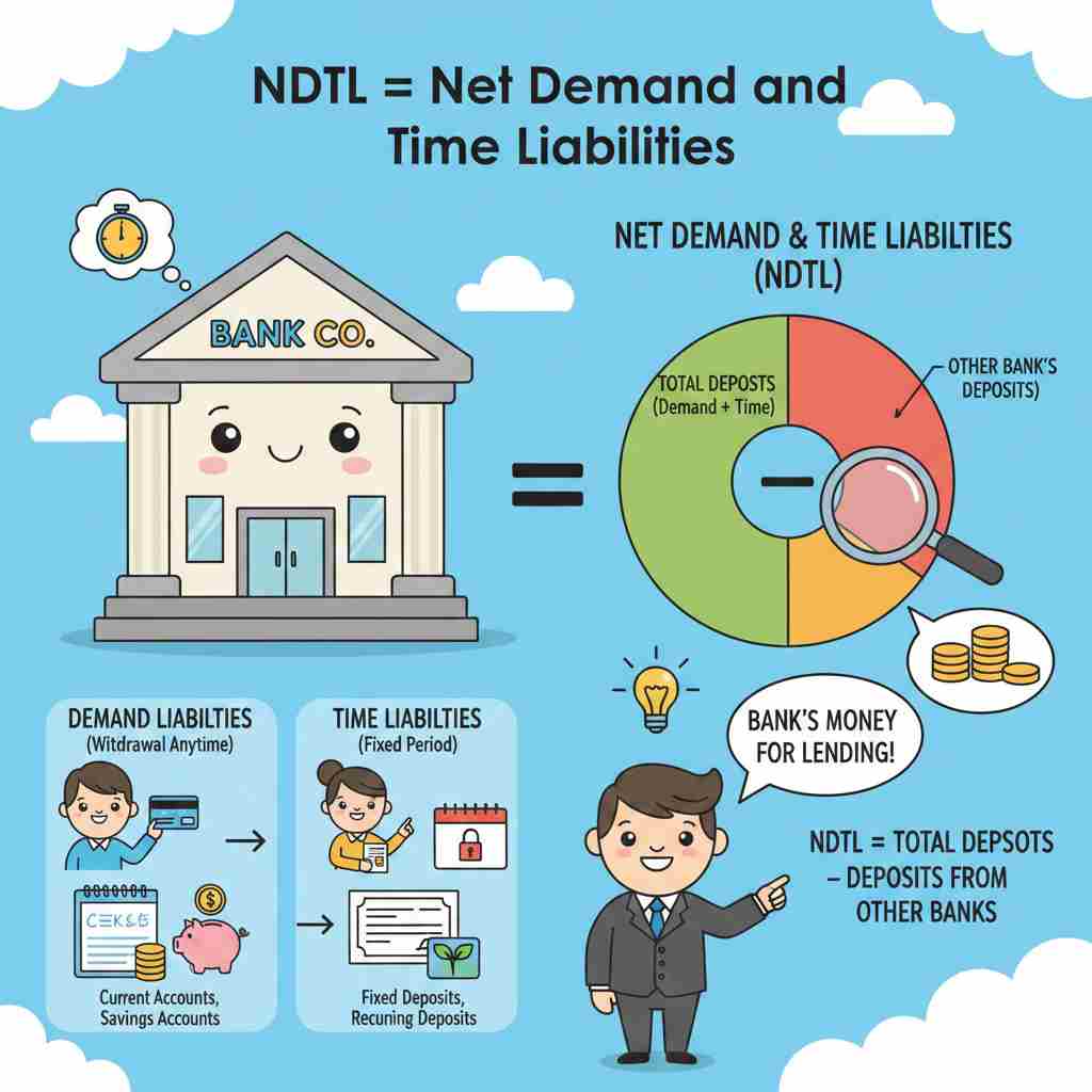 एनडीटीएल = (मागणी दायित्वे + वेळेचे दायित्वे) - (एका बँकेच्या इतर बँकांकडे असलेल्या ठेवी)